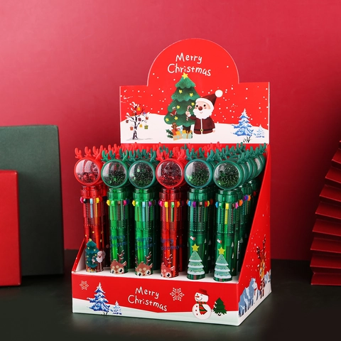 Christmas Ballpoint Pen 10-Color Retractable Plastic Silicone Cartoon Reindeer Sequin Ball School Office Gift Novelty