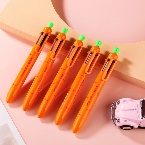 Creative Cartoon Carrot Shape Multicolor Ballpoint Pen 6-In-1 Retractable Writing Pen For Journaling School Office Students Gift
