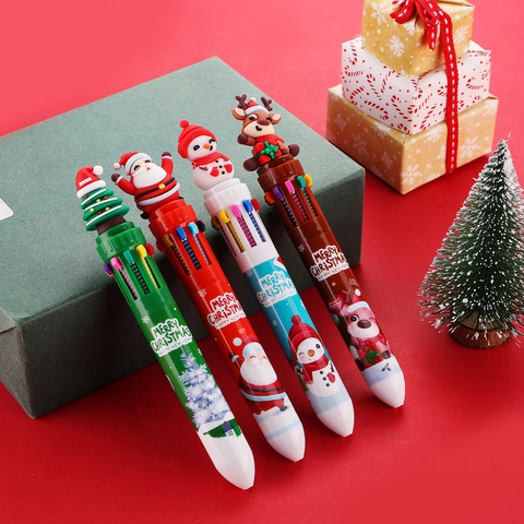 Bolígrafo Multicolor de Dibujos Animados de Navidad Bolígrafo Multicolor Retráctil Papá Noel Muñeco de Nieve Reno Árbol Regalo de Papelería para Estudiantes