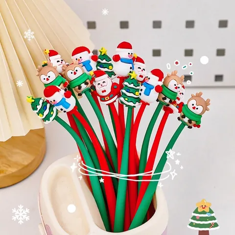 Christmas Cartoon Gel Pen Silicone 3D Santa Reindeer Snowman Tree Stress Relief Flexible Writing Pens Student Stationery Gift Black Ink Pen