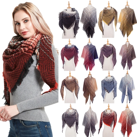 Women Triangle Scarf Shawl Polyester Thick Brushed Plaid Herringbone Tassels Warm Winter Retro Bohemian Wrap Accessory