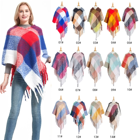 Women Plaid Poncho Shawl Thickened Polyester Tassel Pullover Winter Warm Casual Western Style Outerwear