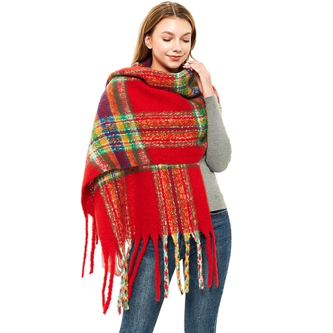 Women Winter Warm Polyester Scarf Plaid Tassel Shawl Thick Boucle Yarn Wrap Soft Fashion Outdoor Neck Warmer Casual Pashmina