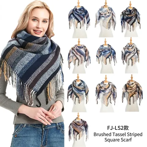 Men Women Winter Large Striped Plaid Square Scarf Warm Polyester Brushed Shawl Wrap With Tassels For Casual Daily Wear