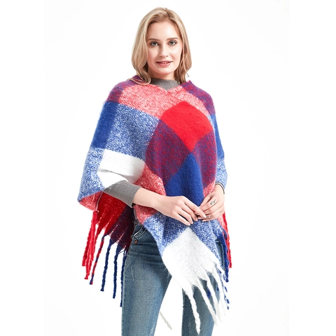 Women Plaid Poncho Shawl Thickened Polyester Tassel Pullover Winter Warm Casual Western Style Outerwear