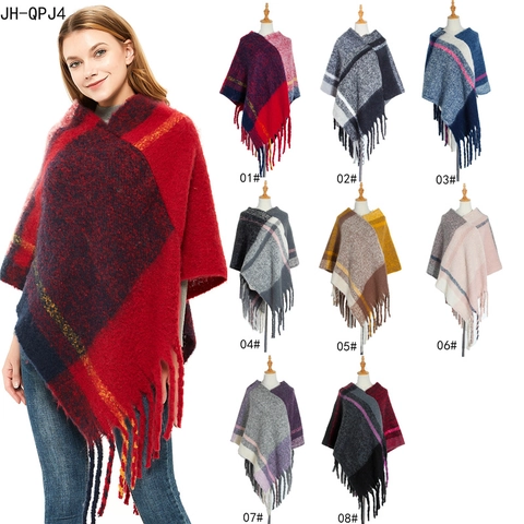 Poncho Scialle A Quadri Da Donna Mantella In Maglia Spessa Calda Con Frange Motivo Geometrico Stile Retro Boho