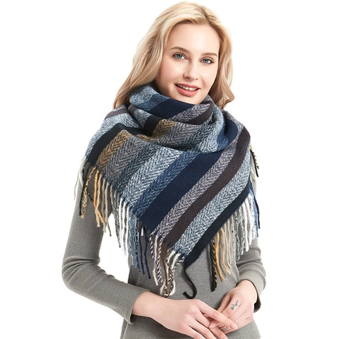 Men Women Winter Large Striped Plaid Square Scarf Warm Polyester Brushed Shawl Wrap With Tassels For Casual Daily Wear