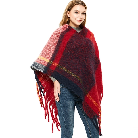 Poncho Scialle A Quadri Da Donna Mantella In Maglia Spessa Calda Con Frange Motivo Geometrico Stile Retro Boho
