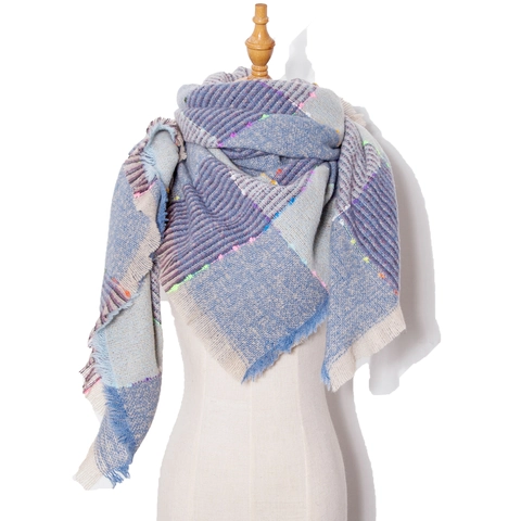 Women Triangle Scarf Plaid Pattern Thick Winter Shawl With Tassels And Colorful Nepps Polyester Wrap