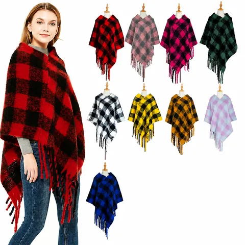 Women Plaid Poncho Shawl Knitted Boucle Yarn Winter Warm Fringe Tassels Cape Buffalo Check Oversized Casual Wrap Overcoat