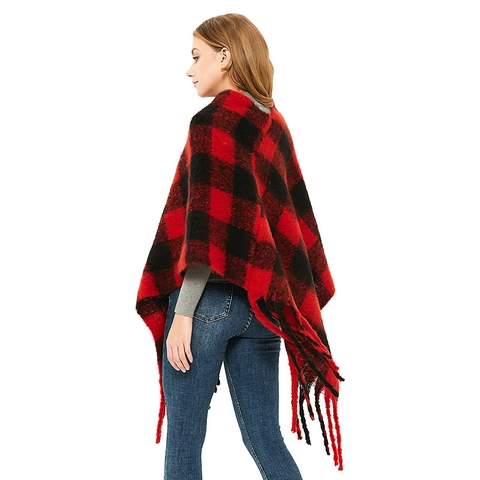 Poncho Châle à Carreaux Femme Tricoté Fil Bouclé Hiver Chaud Glands Cape Buffalo Check Wrap Décontracté Surmanteau