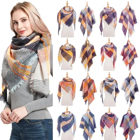 Women Plaid Triangle Scarf Polyester Tassel Shawl Wrap Vintage Checked Winter Warm Neck Kerchief Fashion Accessories