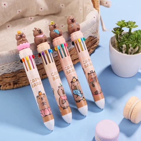 Simpatica Penna a Sfera Capybara a 10 Colori Con Topper in Silicone 3D Penna Scrittura Multicolore a Scatto Scuola Ufficio