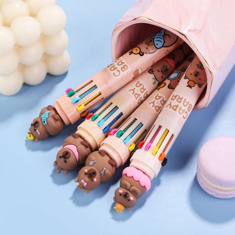 Simpatica Penna a Sfera Capybara a 10 Colori Con Topper in Silicone 3D Penna Scrittura Multicolore a Scatto Scuola Ufficio