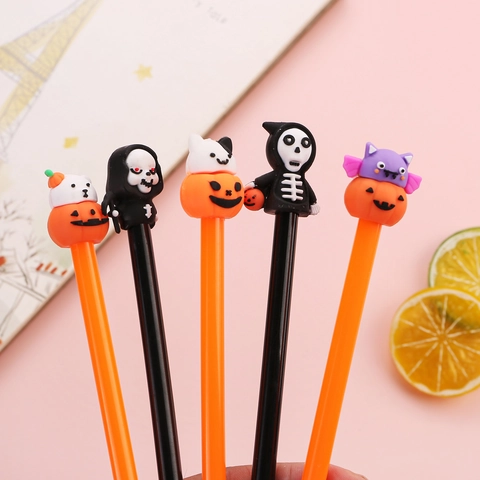 Stylo Gel Dessin Animé Halloween Motifs Citrouille Crâne Faucheuse Chauve-souris Encre Noire 0.5mm Cadeau Étudiant Bureau École