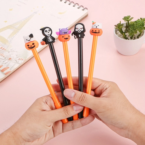 Stylo Gel Dessin Animé Halloween Motifs Citrouille Crâne Faucheuse Chauve-souris Encre Noire 0.5mm Cadeau Étudiant Bureau École