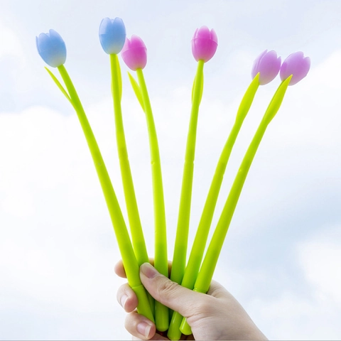 Tulip Gel Pen Creative Light Sensitive Color Changing Soft Silicone Flower Shaped Black Ink Writing Stationery Novelty