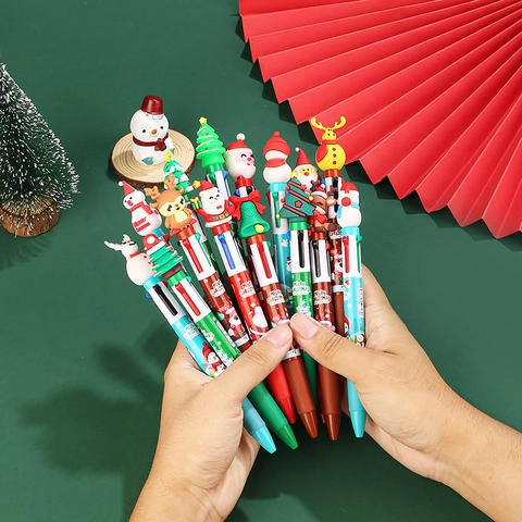 Christmas Multi Color Ballpoint Pens Retractable Plastic Cartoon Santa Snowman Reindeer Silicone Topper School Stationery