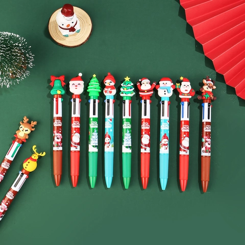 Christmas Multi Color Ballpoint Pens Retractable Plastic Cartoon Santa Snowman Reindeer Silicone Topper School Stationery