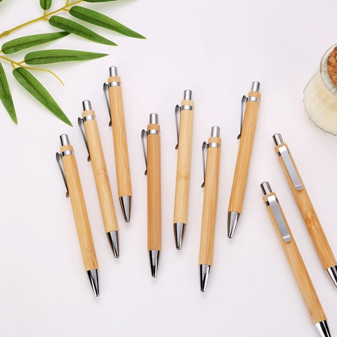 Penna A Sfera Retrattile Corpo In Bambù Naturale Clip Metallica Ecologica Cancelleria Per Ufficio Minimalista Regalo