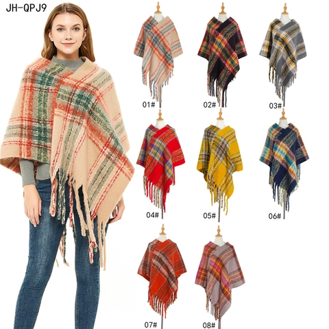 Poncho Da Donna A Quadri Scialle Pullover Filato Bouclé Morbido Finto Mohair Frange Mantella Invernale Stile Retro