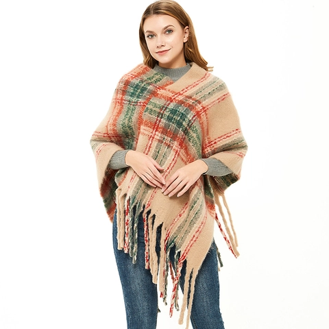 Poncho Da Donna A Quadri Scialle Pullover Filato Bouclé Morbido Finto Mohair Frange Mantella Invernale Stile Retro