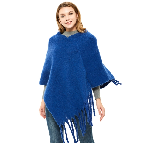 Women's Thick Knit Poncho Shawl With Long Fringe Mohair Look Solid Color Warm Winter Pullover Wrap For Daily Outdoor Casual
