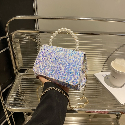 Women Sequin Artificial Pearl Handle Crossbody Handbag PU Leather Small Square Bag Gold Metal Chain Strap Evening Party Versatile