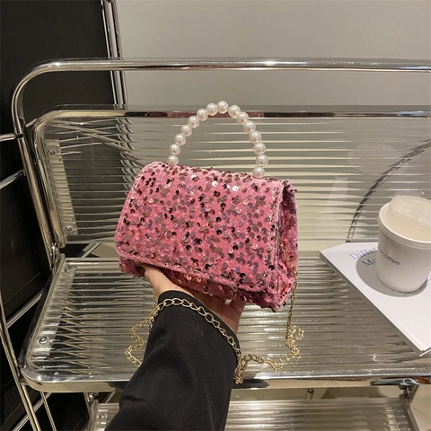 Women Sequin Artificial Pearl Handle Crossbody Handbag PU Leather Small Square Bag Gold Metal Chain Strap Evening Party Versatile