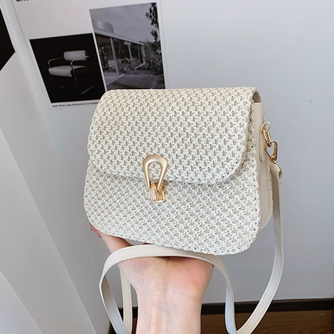 Damen Stroh Gewebte Schultertasche Gold Hufeisenschnalle PU Lederriemen Einfach Sommer Urlaub Retro Kleine Quadratische