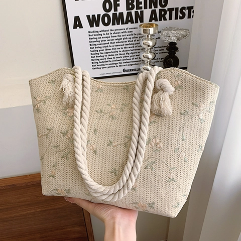 Borsa Tote in Paglia Intrecciata di Grande Capacità per Donna Moda Ricamo Floreale Boemo Estate Borsa a Tracolla Spiaggia Manico in Corda di Cotone