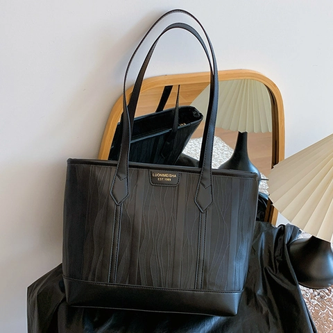 Dames Tote Tas Grote Capaciteit Golvende Textuur PU Leer Minimalistische Schoudertas Voor Werk Woon Werkverkeer Ritssluiting