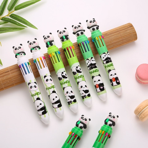 Penna A Sfera Multicolore 10-In-1 Con Topper Panda 3D Retrattile Plastica Cancelleria Cartoni Animati Per Scuola Ufficio Diario