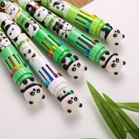 Penna A Sfera Multicolore 10-In-1 Con Topper Panda 3D Retrattile Plastica Cancelleria Cartoni Animati Per Scuola Ufficio Diario