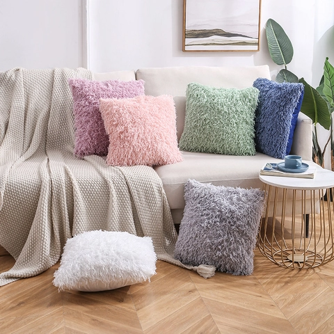 Funda De Cojín De Felpa Larga Piel Sintética Suave Decorativa Para Sofá Cama Sala De Estar Nórdico Color Sólido