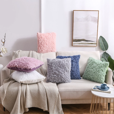 Funda De Cojín De Felpa Larga Piel Sintética Suave Decorativa Para Sofá Cama Sala De Estar Nórdico Color Sólido