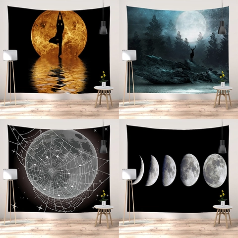 Nordic Moon Phase Wall Tapestry Deer In Forest Starry Night Sky Yoga Silhouette Polyester Hanging Decor For Bedroom Living Room