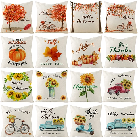 Thanksgiving Autumn Cushion Cover Linen Sunflower Pumpkin Maple Leaf Vintage Truck Decorative Throw Pillow Case For Sofa Home Decor