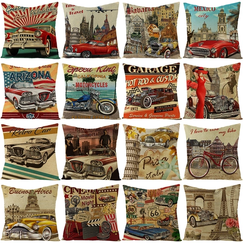 Vintage Amerikaanse Stijl Bedrukte Polyester Kussensloop Retro Auto Motorfiets Route 66 Decoratieve Sierkussenhoes Sofa
