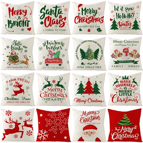 Federa Natalizia in Poliestere Effetto Lino Con Babbo Natale e Renna Stampati Copricuscino Per Divano Casa Feste Decorazioni