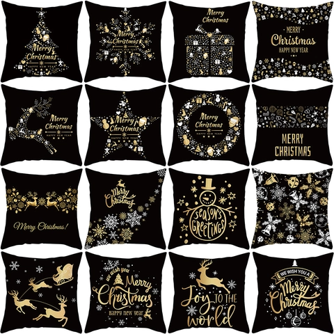 Schwarz Gold Weihnachten Kissenbezug Pfirsichhaut Samt Wurfkissenbezug Frohe Weihnachten Rentier Schneeflocke Dekorative Kissenhülle