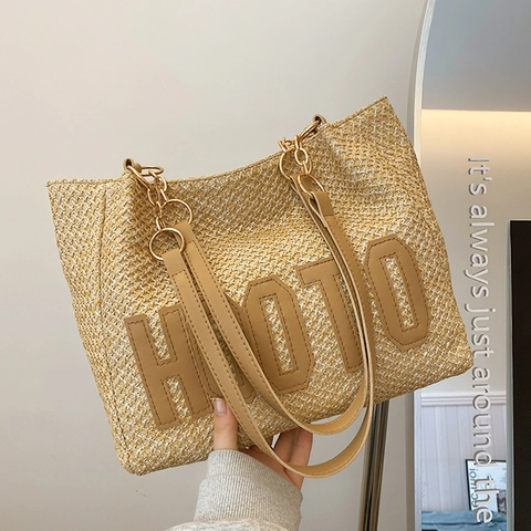 Große Stroh-Tragetasche Gewebte Handtasche Mit PU-Lederriemen Metallkette Buchstaben-Patch Sommer Strand Urlaub Mode Damen