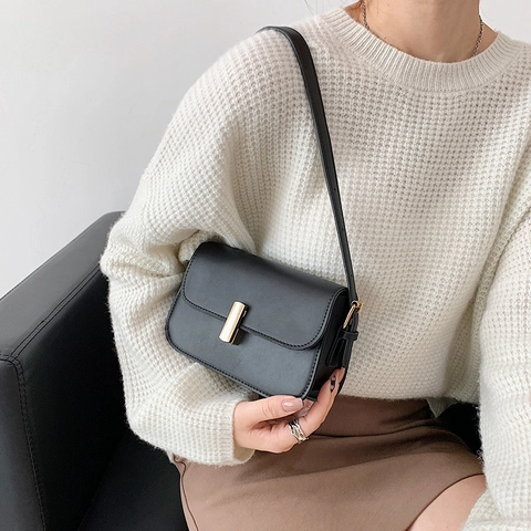 Women PU Leather Shoulder Bag Retro Saddle Baguette Bag With Golden Metal Lock Adjustable Strap Minimalist Vintage Bag