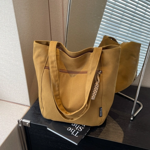 Large Capacity Canvas Tote Bag For Women Casual Commuting Shoulder Bag With Zipper Front Pocket Minimalist Daily Handbag