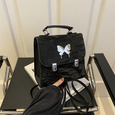 Butterfly Decor Women Mini Fashion Backpack PU Leather Wrinkle Texture Trendy Travel Bag With Top Handle Adjustable Straps