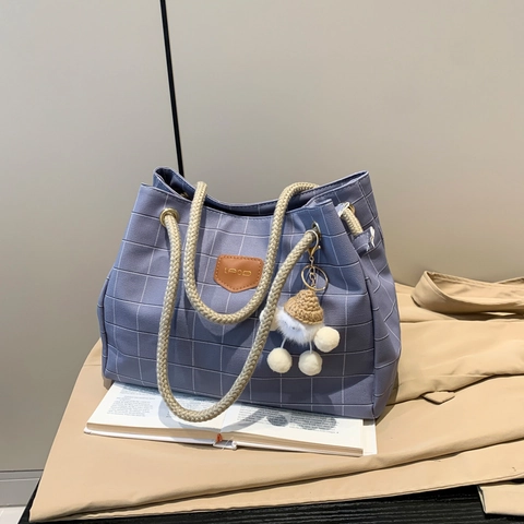 Large Capacity Checkered PU Leather Tote Bag Fashion Braided Rope Handle Shoulder Handbag Casual Commuting For Women