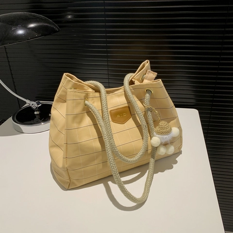 Large Capacity Checkered PU Leather Tote Bag Fashion Braided Rope Handle Shoulder Handbag Casual Commuting For Women
