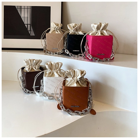 Women PU Leather Bucket Bag Square Cylindrical Drawstring Silver Chain Embossed Letter Shoulder Crossbody Handbag