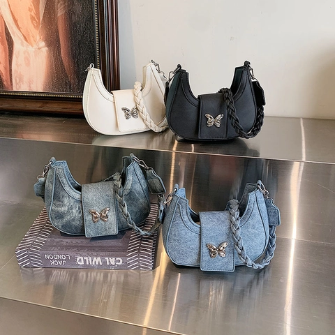 Borsa Sottoascellare Donna a Mezzaluna Fibbia Farfalla Tracolla Intrecciata Vintage PU Denim Borsa a Spalla Versatile