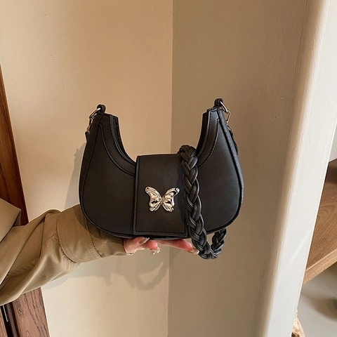 Borsa Sottoascellare Donna a Mezzaluna Fibbia Farfalla Tracolla Intrecciata Vintage PU Denim Borsa a Spalla Versatile